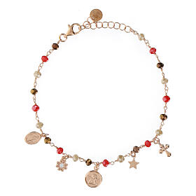 Agios Amore bracelet with dangle charms and red beads, rosé 925 silver