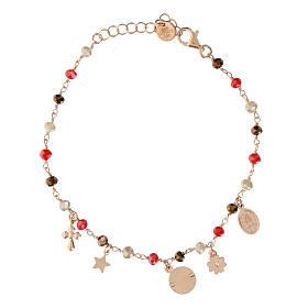 Agios Amore bracelet with dangle charms and red beads, rosé 925 silver