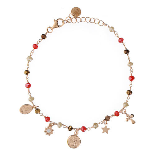 Bracelet Amore argent 925 rosé grains rouges et bruns et breloques Agios 1