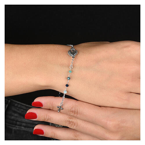 Bracciale Sacro Cuore argento grani azzurri Benedictus 2