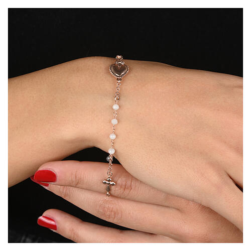 Bracciale Sacro Cuore argento rosé grani rosa pallido Agios 2