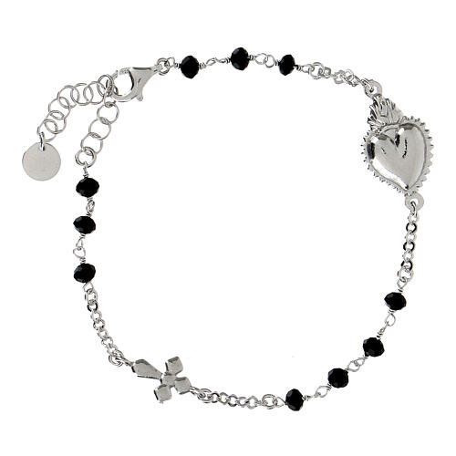 Rhodium-plated silver black beads Sacred Heart bracelet Agios 1