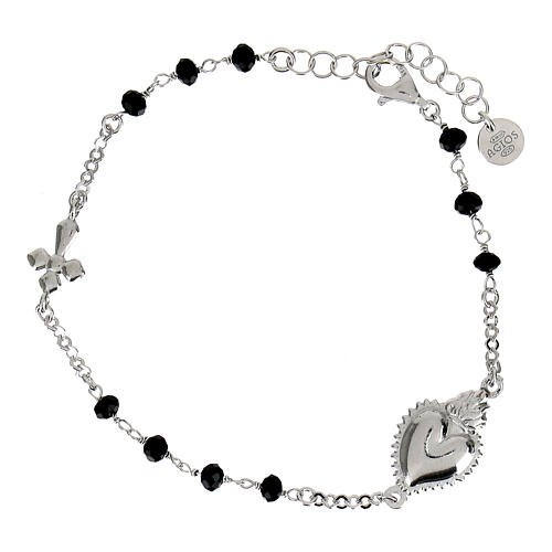 Rhodium-plated silver black beads Sacred Heart bracelet Agios 3