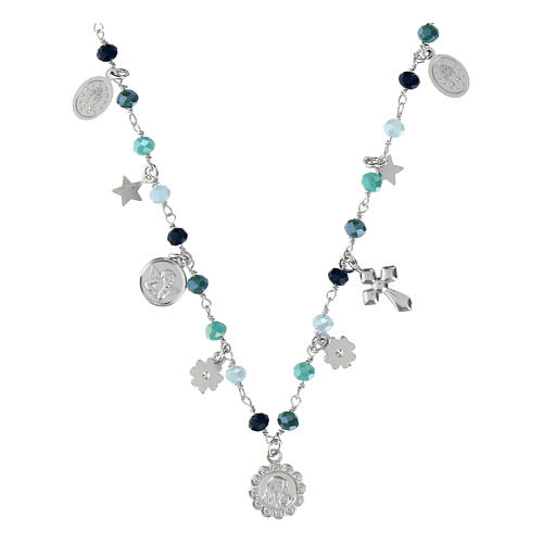 Collana Amore argento grani celeste medaglie Agios 1