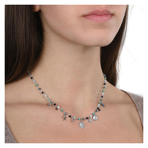 Collana Amore argento grani celeste medaglie Agios 2
