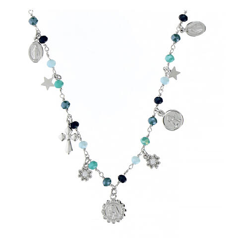 Collana Amore argento grani celeste medaglie Agios 3