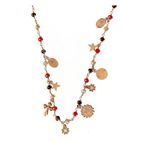 Amore necklace with dangle charms and red and brown beads, rosé 925 silver, Agios Gioielli