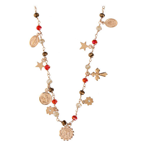 Amore necklace with dangle charms and red and brown beads, rosé 925 silver, Agios Gioielli 1