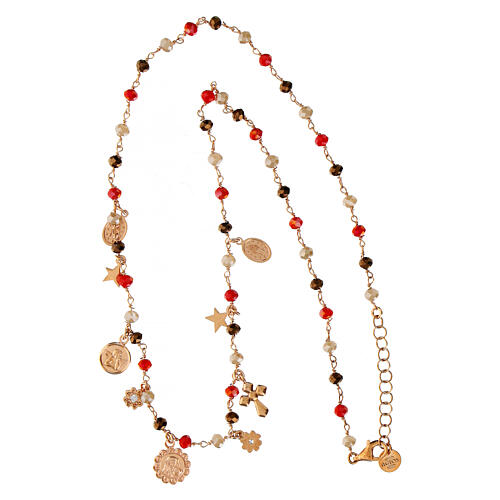Amore necklace with dangle charms and red and brown beads, rosé 925 silver, Agios Gioielli 3