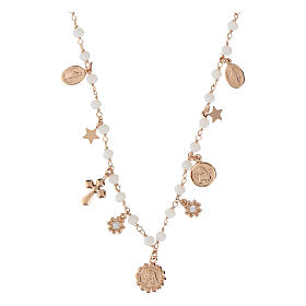 Amore necklace with dangle charms and pink beads, rosé 925 silver, Agios Gioielli