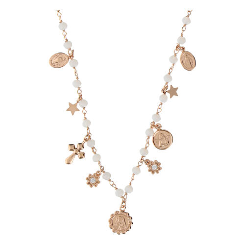 Amore necklace with dangle charms and pink beads, rosé 925 silver, Agios Gioielli 1