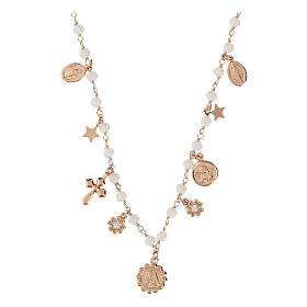 Collana grani rosa charm medaglie Amore Agios argento 925
