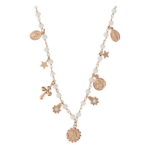 Collana grani rosa charm medaglie Amore Agios argento 925 1