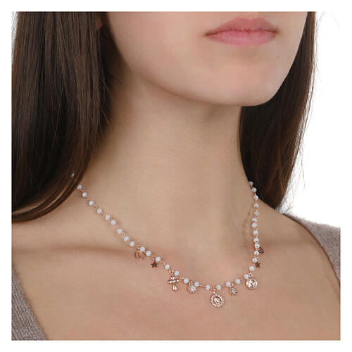 Collana grani rosa charm medaglie Amore Agios argento 925 2