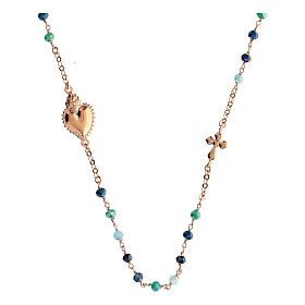 Agios Sacred Heart necklace of rosé 925 silver, green and blue beads