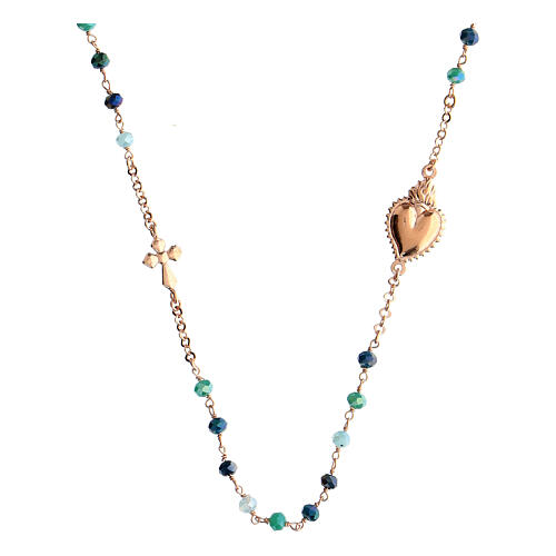 Agios Sacred Heart necklace of rosé 925 silver, green and blue beads 2