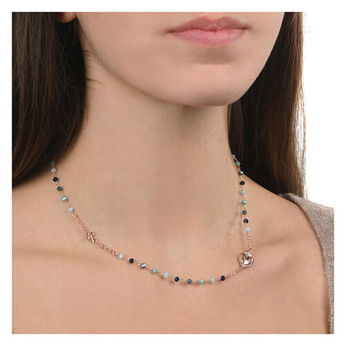 Collana Sacro Cuore argento rosé grani celeste verde Agios 2