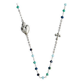 Rosenkranz-Kette von Agios, Flammendes Herz, 925er Silber, rhodiniert, blau-grüne Schmucksteine