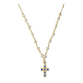 Kette von Agios, Kreuz-Anhänger, Lumae Patronus, 925er Silber, vergoldet, blaue Zirkone, Perlen