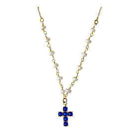 Agios necklace with pearls, gold plated cross with blue rhinestones