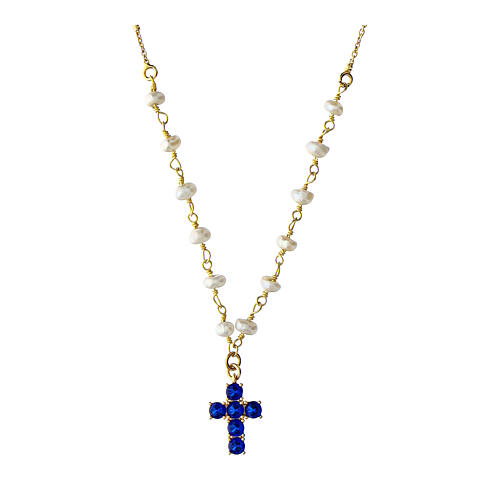 Agios necklace with pearls, gold plated cross with blue rhinestones 1