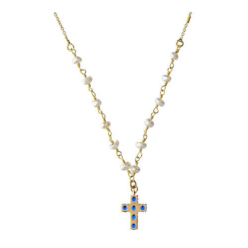 Agios necklace with pearls, gold plated cross with blue rhinestones 2