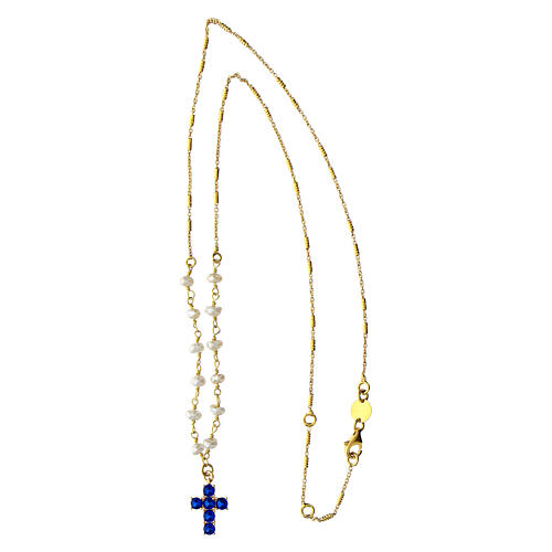 Agios necklace with pearls, gold plated cross with blue rhinestones 3