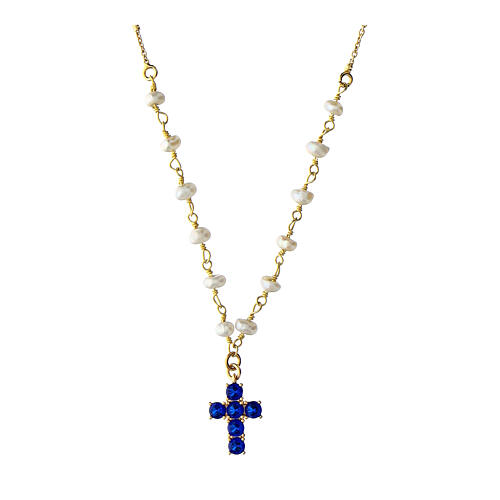 Gold-plated cross necklace Agios with blue zircon 1