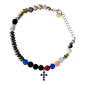 Agios Iesus bracelet with blue rhinestone cross and colourful beads