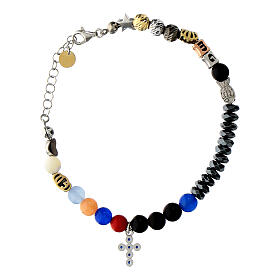 Agios Iesus bracelet with blue rhinestone cross and colourful beads
