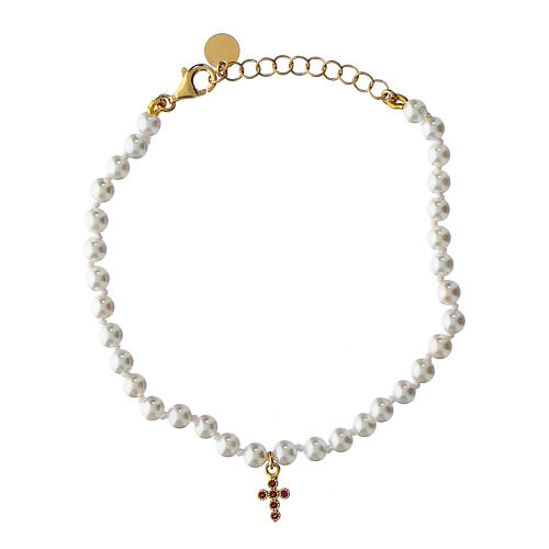 Bransoletka perły, krzyż z cyrkoniami czerwonymi, Agios 1