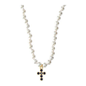 Agios necklace of white pearls, cross with blue rhinestones