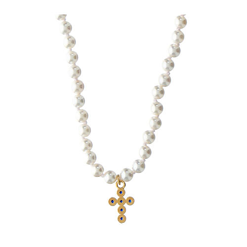Agios necklace of white pearls, cross with blue rhinestones 2
