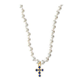 Collar bolitas blancas cruz zircones azules Agios