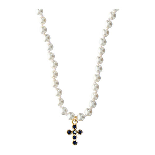 Collier perles blanches croix zircons bleus Agios 1