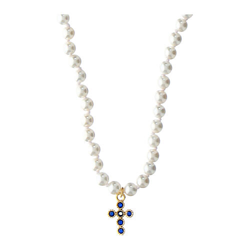 Collier perles blanches croix zircons bleus Agios 1