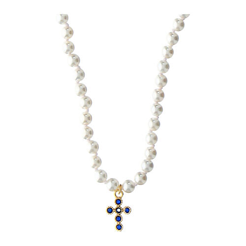 Collana perline bianche croce zirconi blu Agios argento 925 1