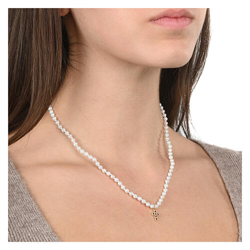 Collana perline bianche croce zirconi blu Agios argento 925 2