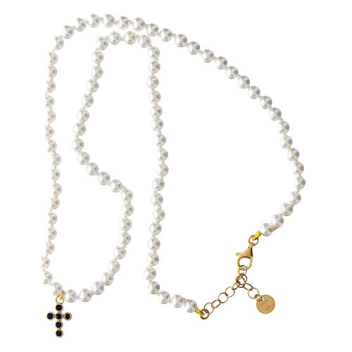 Collana perline bianche croce zirconi blu Benedictus argento 925 4