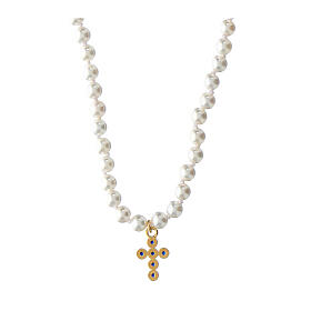 Blue zircon cross necklace with white beads Agios