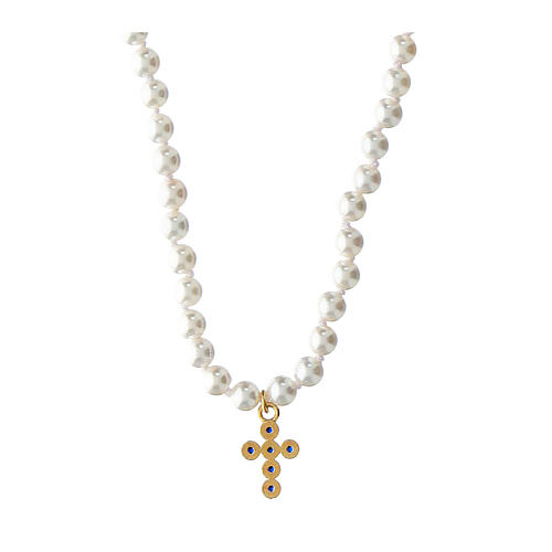 Blue zircon cross necklace with white beads Agios 3