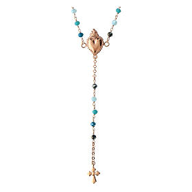 Agios rosary with Sacred Heart and blue beads, rosé 925 silver