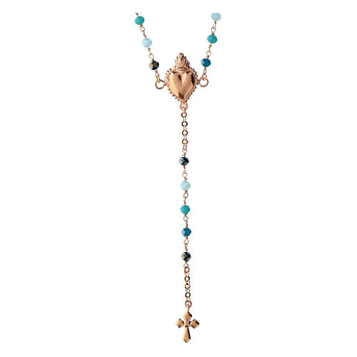 Agios rosary with Sacred Heart and blue beads, rosé 925 silver 1
