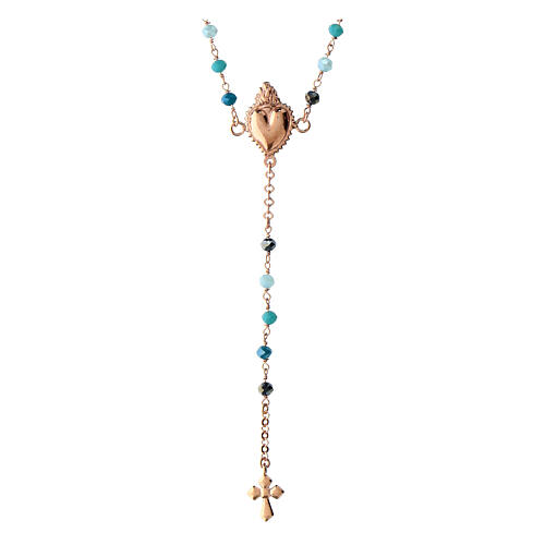 Agios rosary with Sacred Heart and blue beads, rosé 925 silver 2