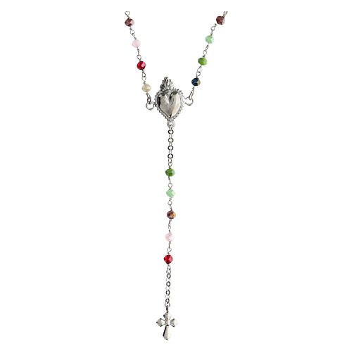 Agios rosary necklace, 925 silver, multicoloured beads and Sacred Heart 1