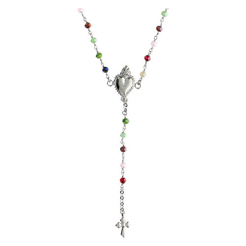Agios rosary necklace, 925 silver, multicoloured beads and Sacred Heart 2
