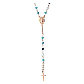 Agios rosary with Miraculous Medal and blue beads, rosé 925 silver