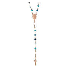 Agios rosary with Miraculous Medal and blue beads, rosé 925 silver