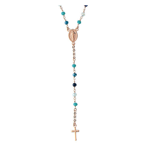 Agios rosary with Miraculous Medal and blue beads, rosé 925 silver 1