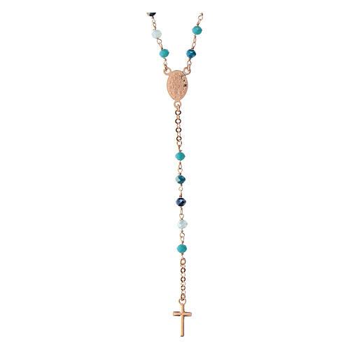 Agios rosary with Miraculous Medal and blue beads, rosé 925 silver 2